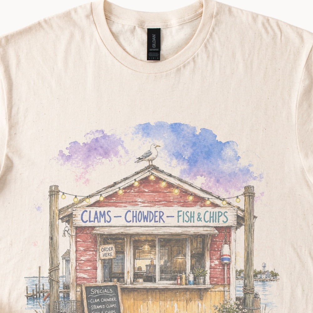 Bayfront Clam Shack Graphic Tee Watercolor Beach Coastal Art